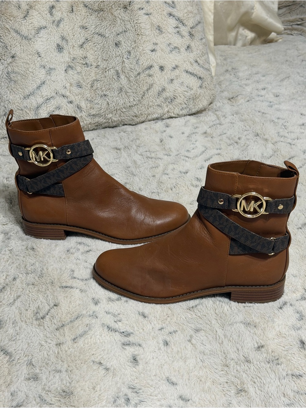 MICHAEL Michael Kors Brown Leather Ankle Boots with MK Logo Strap